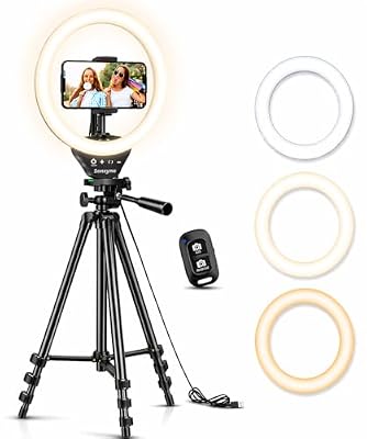 Sensyne Ring Light with Stand, 50" Phone Tripod for iPhone & Android, LED Ring Light with Remote, 3 Color Modes & 10 Brightness Levels for TikTok, Zoom & Video Recording