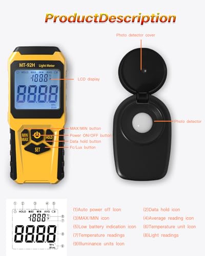 Image of MT-92H Light Meter with Split Sensor Digital Illuminance Meter Handheld Ambient Temperature Measurer, Range up to 200,000 Lux