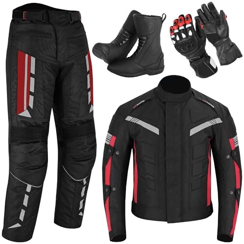 Vaster Moto Chaqueta de moto con pantalón Botas de moto impermeables para hombre Guantes protectores para motociclistas Juego de 4 piezas Rojo (Traje = M, Zapatos = EU 40)