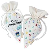 Papierdrachen Geschenkbeutel Schulkind 2 Stück - Kleine Schultüten - Canvas - bestickt - Stofftütchen mit Tunnelzug - Einschulung - Jungen & Mädchen