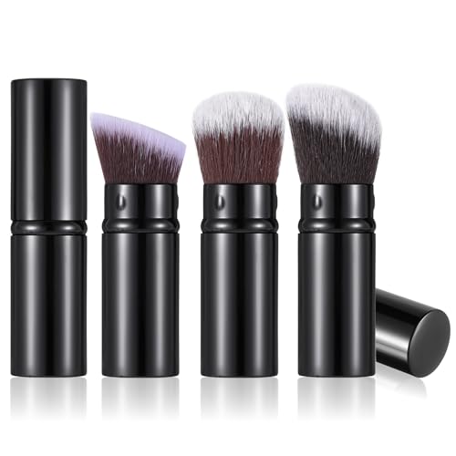 3 brochas de maquillaje retráctiles Kabuki, brochas de maquillaje en polvo de viaje, brochas de rubor en ángulo con cubierta para mezclar líquidos, protector solar, bronceador, pulido, cosméticos