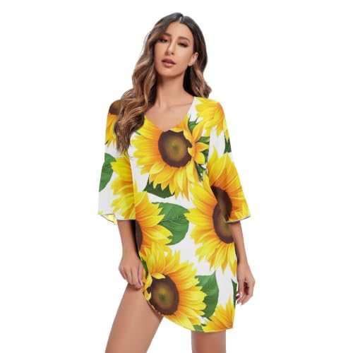 Robe d'été courte jaune à manches 3/4 Sunflowers légère pour garde-robe féminine tendance