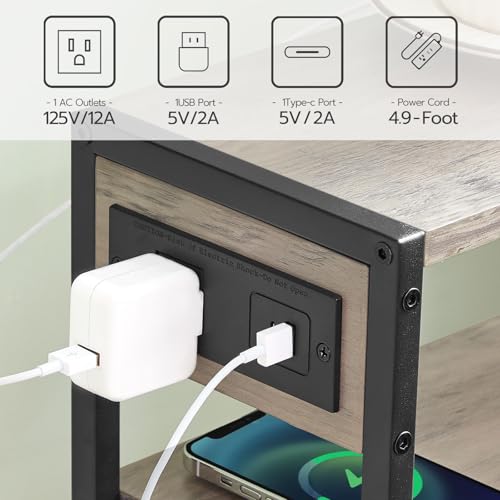 Image of HOOBRO Small Narrow Side Table with Charging Station, Skinny End Table for Small Spaces, Slim Nightstand with USB Ports Outlet, Sofa Beside Table with Storage Shelf, Greige and Black BG102UBZ01