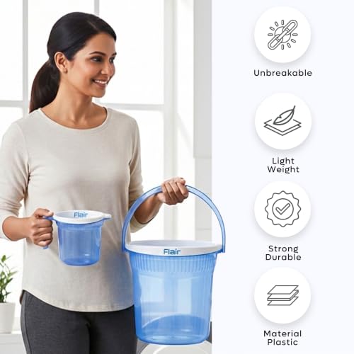Image of FLAIR Estella Crystal Bathroom Essentials Set | 24L Plastic Bucket with 1.5L Mug | Transparent Blue | Premium Virgin Plastic, Durable & Multipurpose (T.Blue, 24 Bucket + 1.5 Mug LTR)