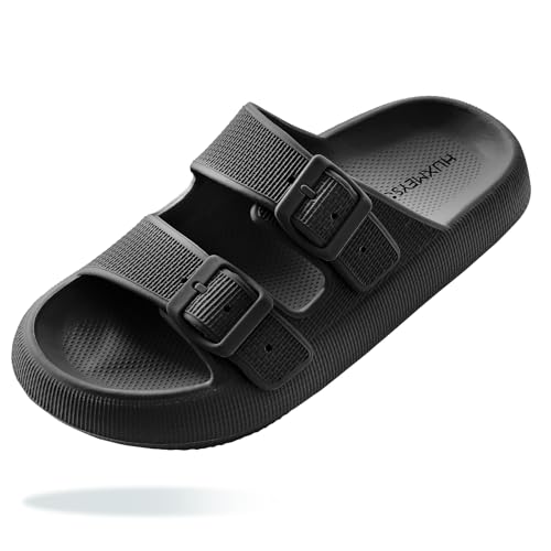 HUXMEYSON Cloud Slides for Women and Men, Double Buckle Adjustable EVA Pillow Slippers, Super Soft, Thick Sole, Anti-Skid Sandals, Comfortable Cloud Slippers