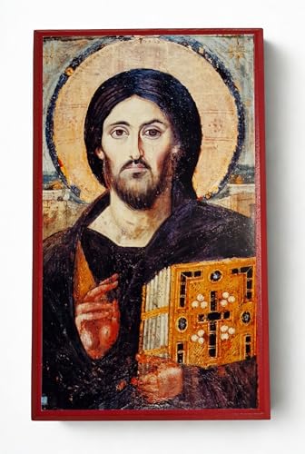 Wooden Greek Orthodox Christian Icon 6th Century Jesus Christ Pantocrator from St Catherine Monastery in Sinai (7" x 12") (Poplar Wood)