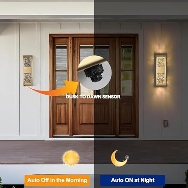 Dusk to Dawn Outdoor Lighting Fixture Wall Mounted - 14.2'' Waterproof Wall Sconce with 12W LED Bulbs Crystal Modern Outside Wall Lamp for Hallway Doorway Porch Patio Backyard, Gold, 2PCS