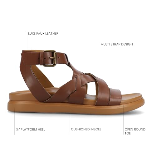 Journee Womens cushioned footbeds Mistee ankle strap sandal flat sole faux leather multi strap Cognac 6.5 Medium WOMENS US3