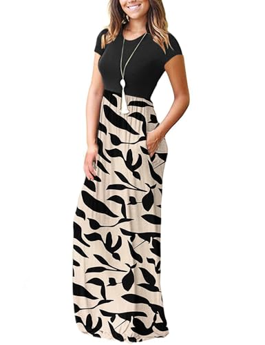 Image of MISFAY Women Short Sleeve Loose Plain Maxi Dresses Casual Long Dresses Pockets