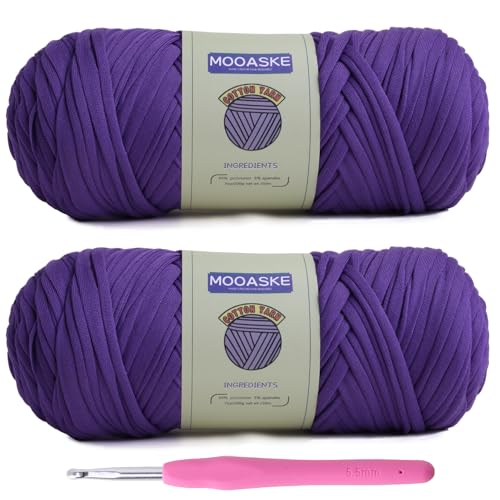 Image of Mooaske 2 Pack T-Shirt Crochet Yarn for DIY Knitting Crochet Cloth Blanket Bag Dolls - 400g Chunky Thick Yarn for Crocheting with Polyester-Spandex Blend Elastic Fabric (Purple)