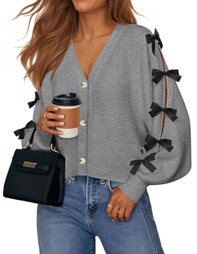 ZESICA Herbst-Strickjacke für Damen, trendig, 2025, lässig, langärmelig, Knopf, V-Ausschnitt, Strickpullover, Oberbekleidung, Mäntel, Grau, Klein