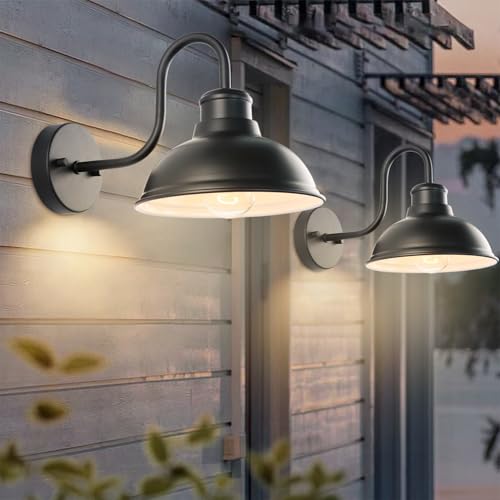 Image of 12 inch Barn Light Outdoor Wall Lights 2 Pack Large Exterior Lighting Fixtures | Anti-Rust Waterproof Black Classic Farmhouse Industrial Wall-Mounted Barn Light Fixture for Garage /Porch /Patio ETL Listed