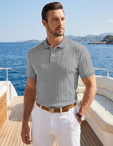 Image of JMIERR Men's Casual Polo Shirt Knitted Textured Short Sleeve Stretch Golf Shirt Summer Vacation Beach Collared Shirts