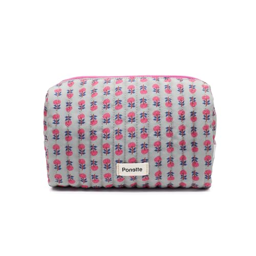 PONETTE - Neceser de Mujer Vive Acolchado Gris Estampado Flores, Cremallera y Tirador Rosa, Forro Gris, Ideal, Viaje, Piscina, Gimnasio, Estuche, Bolsa de Aseo, Marca Española