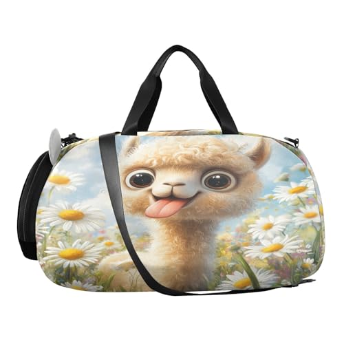 Alpaca Daisies White Kids Travel Duffel Bag for Boys Girls Overnight Weekend Tote Bag with Shoes Compartment for Gym Sports Dance2