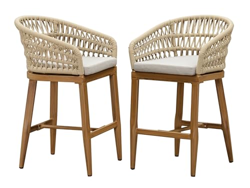 PURPLE LEAF Outdoor Rattan 24' Counter Height Bar Stools Chair Set of 2, Modern Upholstered Patio Bar Stool with Backrest for Indoor and Outdoor, Kitchen Island, Teak