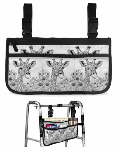 Anzona Gray Giraffe Rustic Wheelchair Side Bag Walker Bag, Abstract Art Sunflower Floral Wheelchair Accessories Armrest Pouch, Organizer Storage Bag for Walkers, Rollators, Scooters, 7.3''x13''