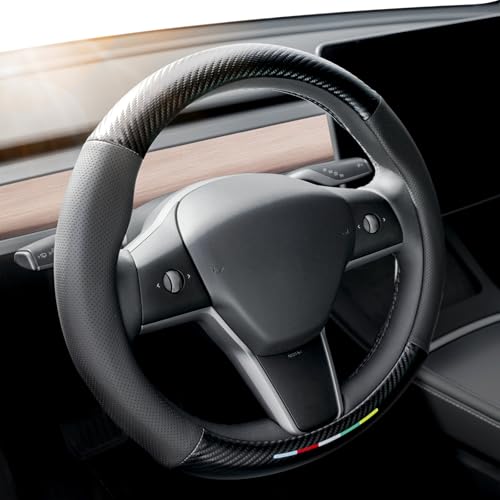 REEVAA 2025 Upgraded Car Steering Wheel Cover for Tesla Model Y/3(2024-2025) Accessories, Carbon Fiber Black Leather, Grippy Non-Slip, [Not Fit New Model Y Juniper],14.5in