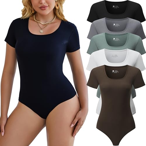 Chongbaijia 5 Pack Short Sleeve Bodysuits for Women Square Neck Casual Stretchy Basic Body Suits Tops T Shirts