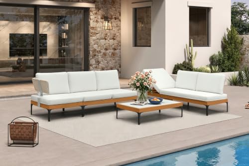 Image of PURPLE LEAF Patio Furniture Set Outdoor Sectional Sofa with Coffee Table Fade-Resistant Cushions Wicker L-Shaped 5 Pieces Aluminum Convertible Daybed for Balcony Yard Garden Poolside, White