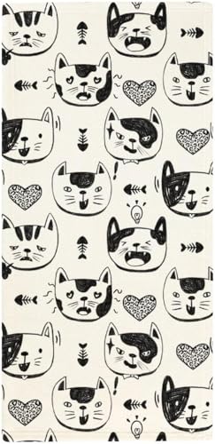 タオル キャット 可愛い 面白い 白黒 手描き風 フェイスタオル 38X78cm 長め 大判 ハンドタオル サンゴフリース 耐久性 ふわふわ ソフト 柔らか肌触り 肌に優しい やわらか 軽い 薄手 乾きやすい 抗菌防臭 家庭用、温泉、砂浜、スポーツなどにも