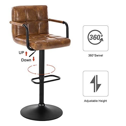 Furniliving Adjustable Bar Stools With Armrest, Modern Square Pu Leather Chairs With Back Swivel Counter Height Barstools With Arms For Kitchen Dining Pub Cafe, Set Of 2 (Yellowbrown) #TOP4