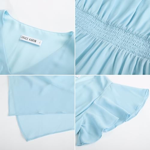 Image of GRACE KARIN Women's Casual Summer V Neck Flutter Ruffle Short Sleeve 2025 Empire High Waist Flowy Midi Dresses