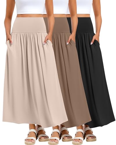Ficerd 3 Pack Maxi Long Skirts for Women, Ankle Length High Waisted Pleated Flowy A Line Summer Casual Skirts with Pockets