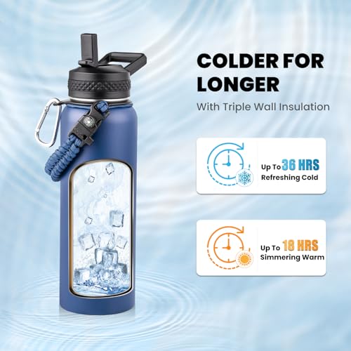 Image of RAYMYLO Insulated Water Bottle 40 oz, Triple Wall Vacuum Stainless Steel (Cold for 36Hrs, Hot for 18Hrs), Leak Proof & Non-BPA, Modern Water Flask Jug with Paracord Handle & Straw Spout Lids