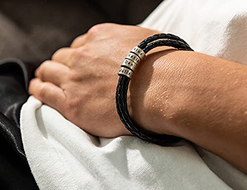 Myka – Personalized Navigator Sterling Silver 925 Men Braid Bracelet With Up To 7 Small Custom Engraved Beads/Leather (Black/Brown) – Gift For Father's Day – Gifts Men Boyfriend Dad #TOP3