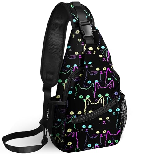 Yrebyou Colorful Cat Sling Bag Travel Crossbody Backpack Shoulder Daypack Hiking chest Pack for Women Lightweight Waterproof Adjustable Outdoor Workout