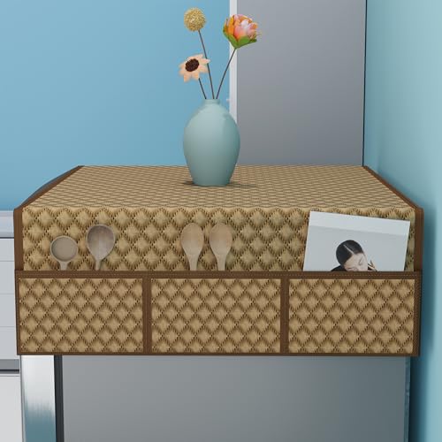 Image of Kuber Industries Velvet Polyester Fridge Cover Top with 6 Utility Side Pockets | Freeze /Refrigerator Cover Single Door | Fridge Top Organizer | Quilted Ultra Sonic - Brown
