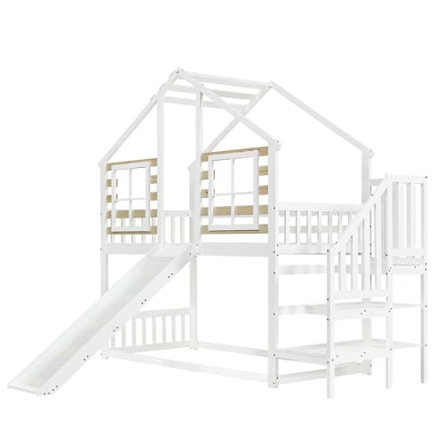 Aoskem Kinderbett Etagenbett 90x200, Hochbett Hausbett Holzbett mit Treppe & Rutsche, Bettgestell mit Rausfallschutz und Gitter, Bett mit 1x Lattenrost, Bettrahmen aus Massivholz, Ohne Matratze, Weiß