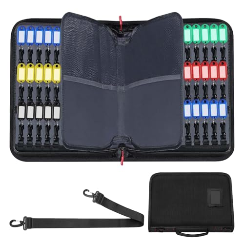 Tragbares Schlüsseltasche, Schlüssel Organizer mit Reißverschluss, Wasserdichter und Feuerfester Schlüsseletui mit 54 Haken und Bunten Schlüsselanhängern, Key Organizer für Büros, Hotels (Schwarz)