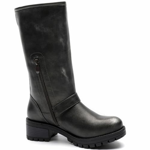 Image of GLOBALWIN Chunky Mid Calf Fashion Dressy Motocycle Biker Military Style Combat Boots for Women Low Heel