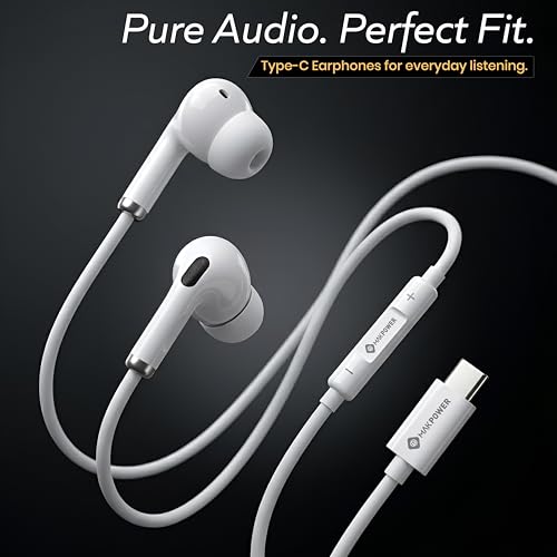 Image of MAKPOWER Type C Wired Earphone with in Line HD Microphone & Volume Controller, Heavy Bass, Premium HD Audio, 120 cm Tangle-Free Cable Compatible with, Android Smartphones & All Type-c Mobiles (White)