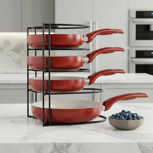 Image of Metal Pan and Pot Stand, Multipurpose Dish Drying and Storage Stand for Plates, Lids & Chopping Boards, Rust-Resistant Black Finish