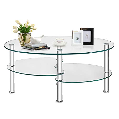 Multigot Tempered Glass Coffee Table 3-Tier Cocktail Center Table with Open Shelf and Heavy-duty Steel Frame Oval Snack Tea Sofa Side End Table for Living Room Office (Transparent)