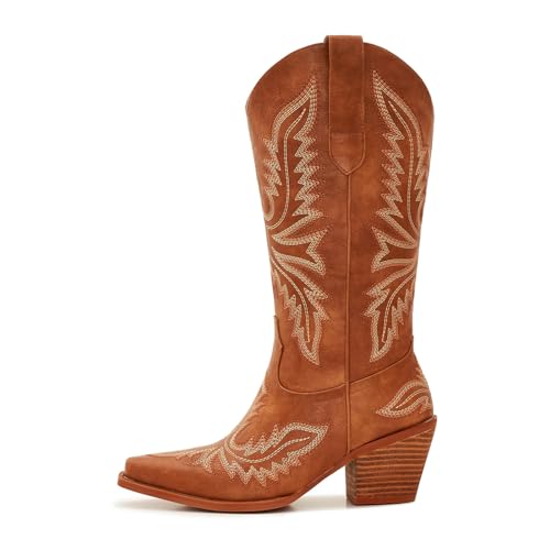Image of Cowboy Boots for Women - Embroidered Western Cowgirl Boots with Fashion Snip Toe, 1.75-Inch Low Block Heel and All-Day Comfort Fit