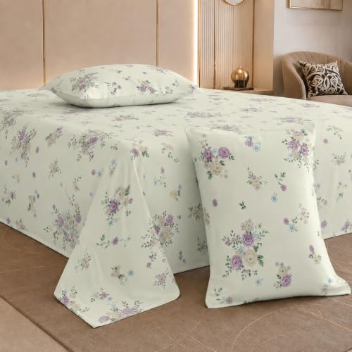 Image of Jaipur Weaves Cotton Percale King Size Bedsheet 108x108 Super King, 100% Pure Cotton Bed Sheet with 2 Pillow Covers, 300 TC Soft Breathable Floral Design Bedding (Floral Green, Super King)