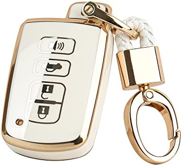 FT-BH For Toyota Key Fob Cover, Soft TPU, gold Keychains, For Tacoma Highlander Corolla Sequoia Camry Tundra Avalon RAV4 4Runner Smart Remote Key Holder (white)
