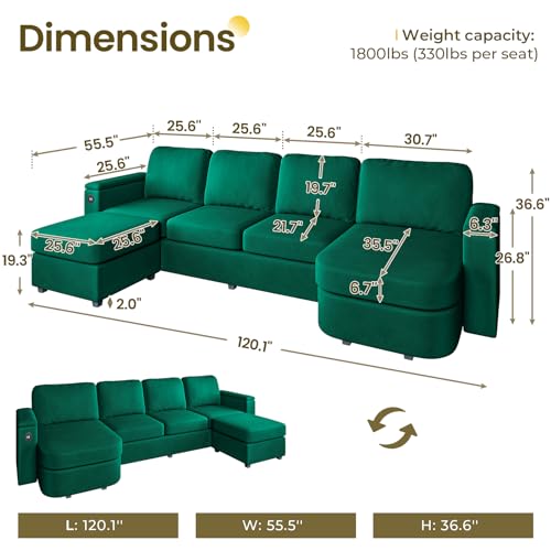 Image of SEDETA 120 inch U Shaped Couch, Sectional Sofa Couch with Storage Seat, Velvet Convertible Sofa with Reversible Chaises, Sectional Couches with Ottomans for Living Room, Green
