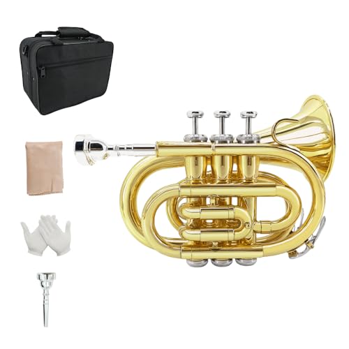 Foyarinal Bb Pocket Trumpet - Brass Pocket Trumpet B Flat Nickel Plated 7C Mouthpiece Complete Beginner Kit - Includes Hard Carrying Case Cleaning Kit Gloves golden