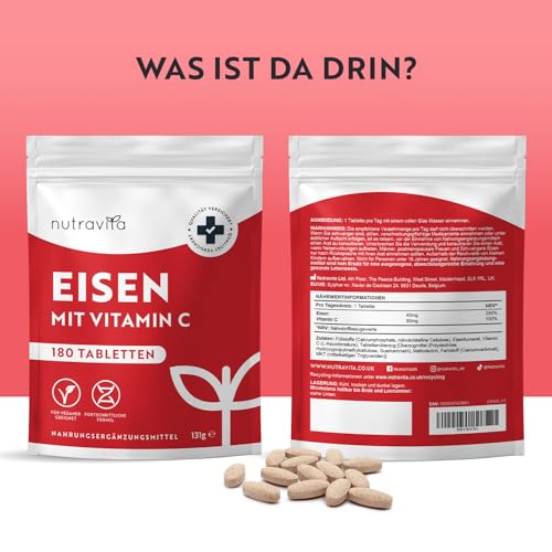Eisentabletten mit 40 mg Eisen + Vitamin C (80mg) - 180 vegane Tabletten - Eisen Vitamin C Hochdosiert - ohne unerwünschte Zusatzstoffe - 6 Monate Vorrat - Hergestellt von Nutravita