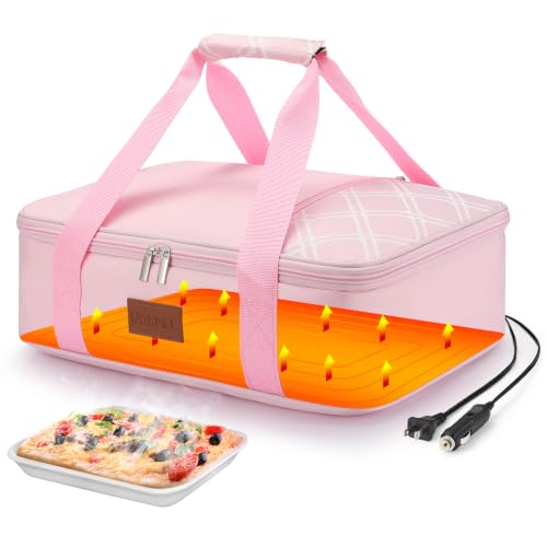 Image of Food Warmer Electric Casserole Carrier - Large Heated Lunch Bag for Car Truck,12V /24V /110V,Thermos for hot Food for Potluck Cookouts Parties Picnic,Lasagna Lugger,Fits 9 inchx13 inch Baking Pan (Pink)