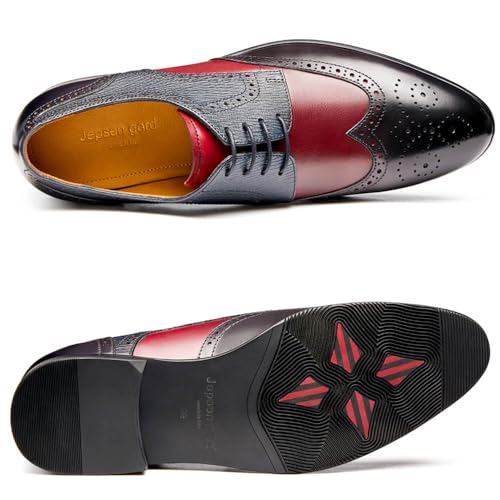 Image of Men's Dress Shoes, Two Tone Black Red Wingtip Oxford Shoes for Men, Brogue Lace Up Formal Business Wedding Derby Shoes
