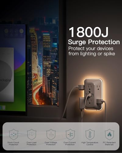 Addtam Surge Protector, 6 Outlet Extender with Night Light and 4 USB Ports