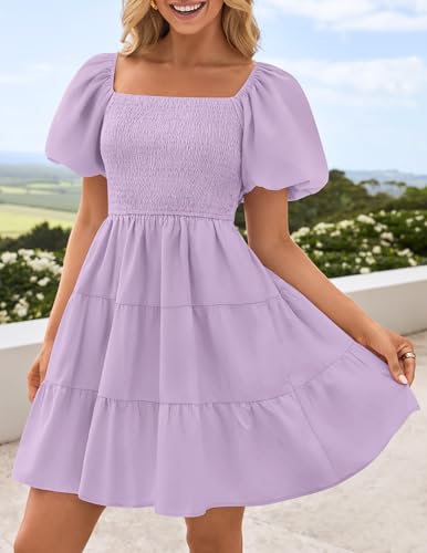 Image of ZESICA Women's Boho 2026 Summer Square Neck Puff Sleeve Off Shoulder Smocked Tiered Casual A Line Short Mini Dress