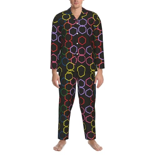 Colorful Hexagons And Black Mens Pajamas Set Button Down Sleepwear Set Long Sleeve Loungewear With Pockets