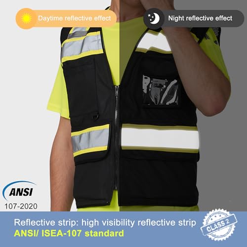 Image of A-SAFETY High Vis Reflective Safety Vest for Men Women Zipper Ipad Pockets Mesh Construction Apparel Neon Vest for Work